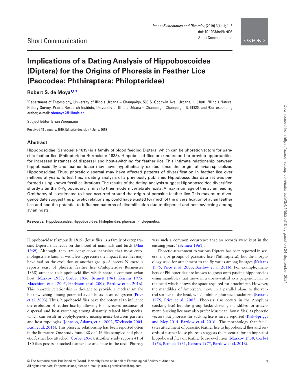 Implications of a Dating Analysis of Hippoboscoidea (Diptera) for the Origins of Phoresis in Feather Lice (Psocodea: Phthiraptera: Philopteridae)