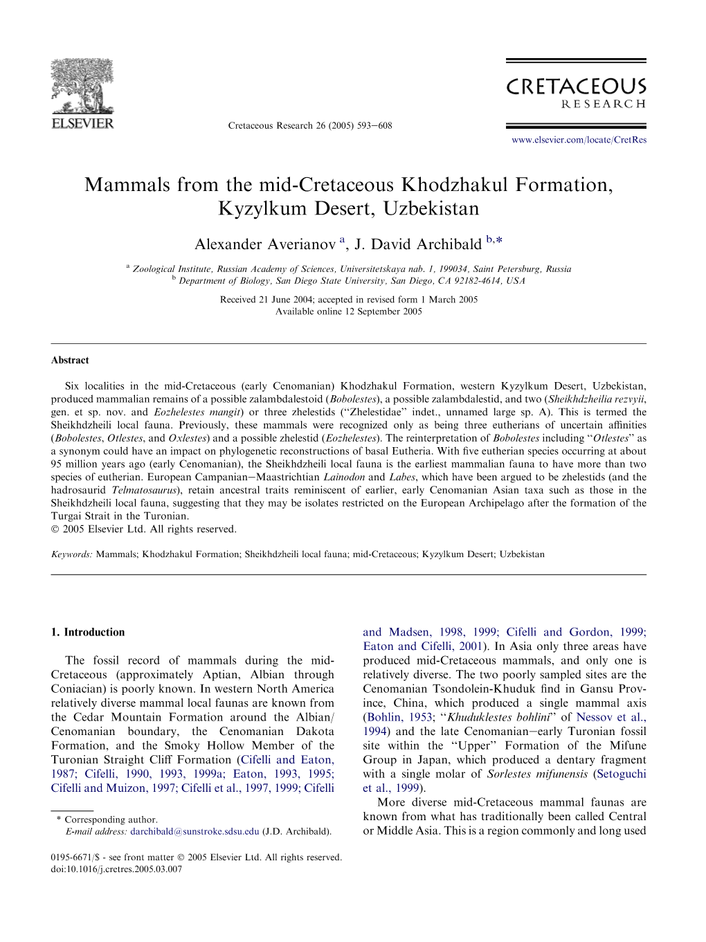 Mammals from the Mid-Cretaceous Khodzhakul Formation, Kyzylkum Desert, Uzbekistan