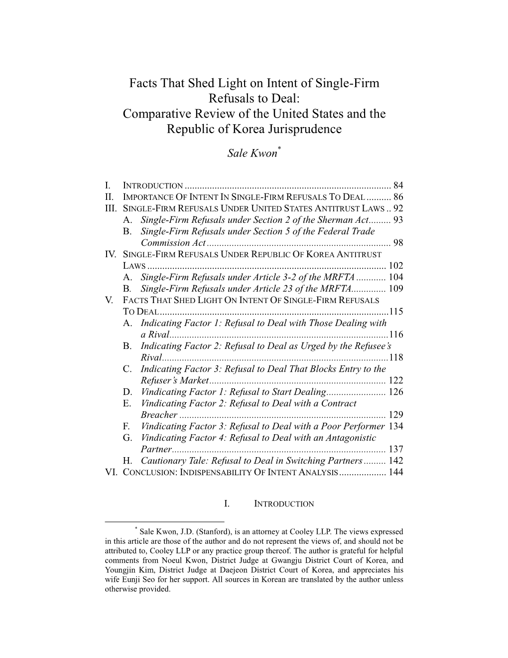 Facts That Shed Light on Intent of Single-Firm Refusals to Deal: Comparative Review of the United States and the Republic of Korea Jurisprudence