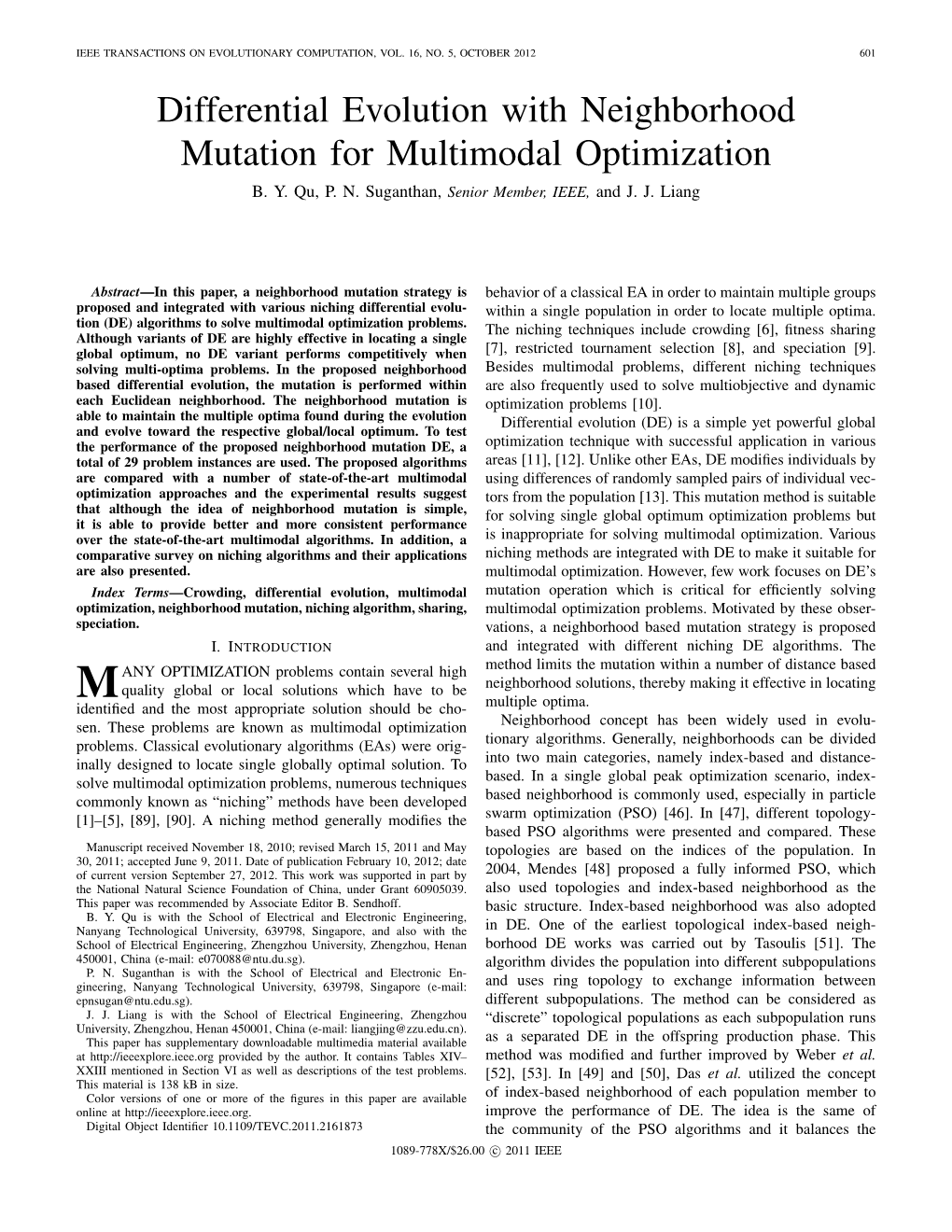 Differential Evolution with Neighborhood Mutation for Multimodal Optimization B
