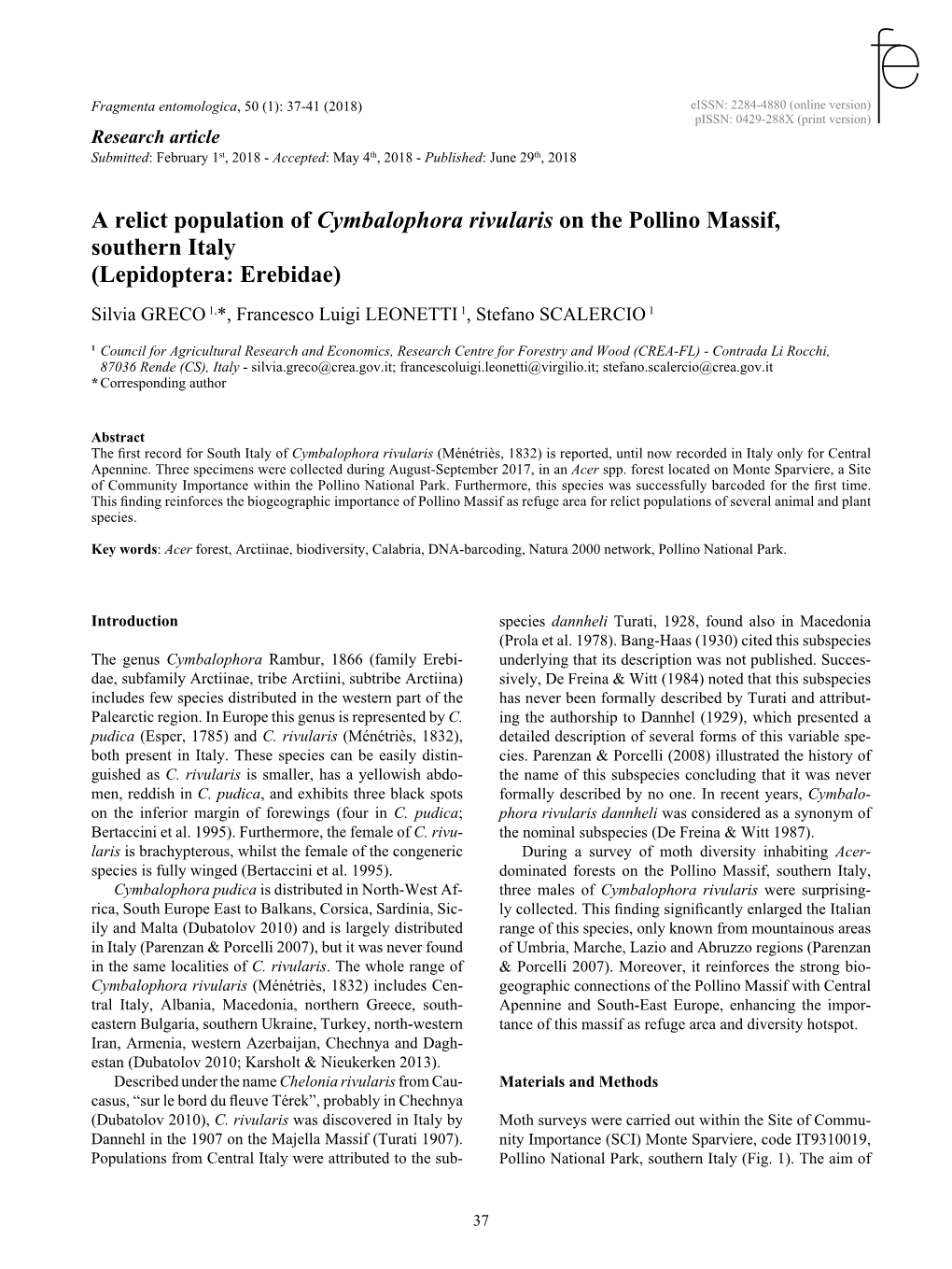 A Relict Population of Cymbalophora Rivularis on the Pollino Massif