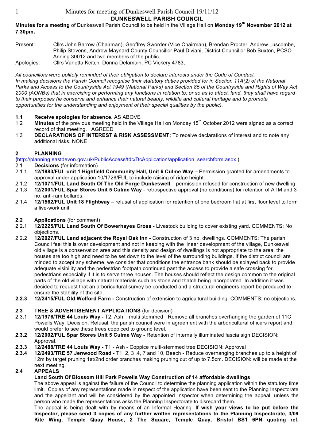 1 Minutes for Meeting of Dunkeswell Parish Council 19/11/12