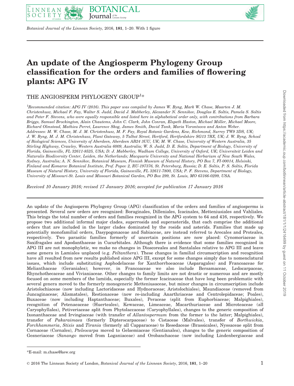 An Update of the Angiosperm Phylogeny Group Classification For