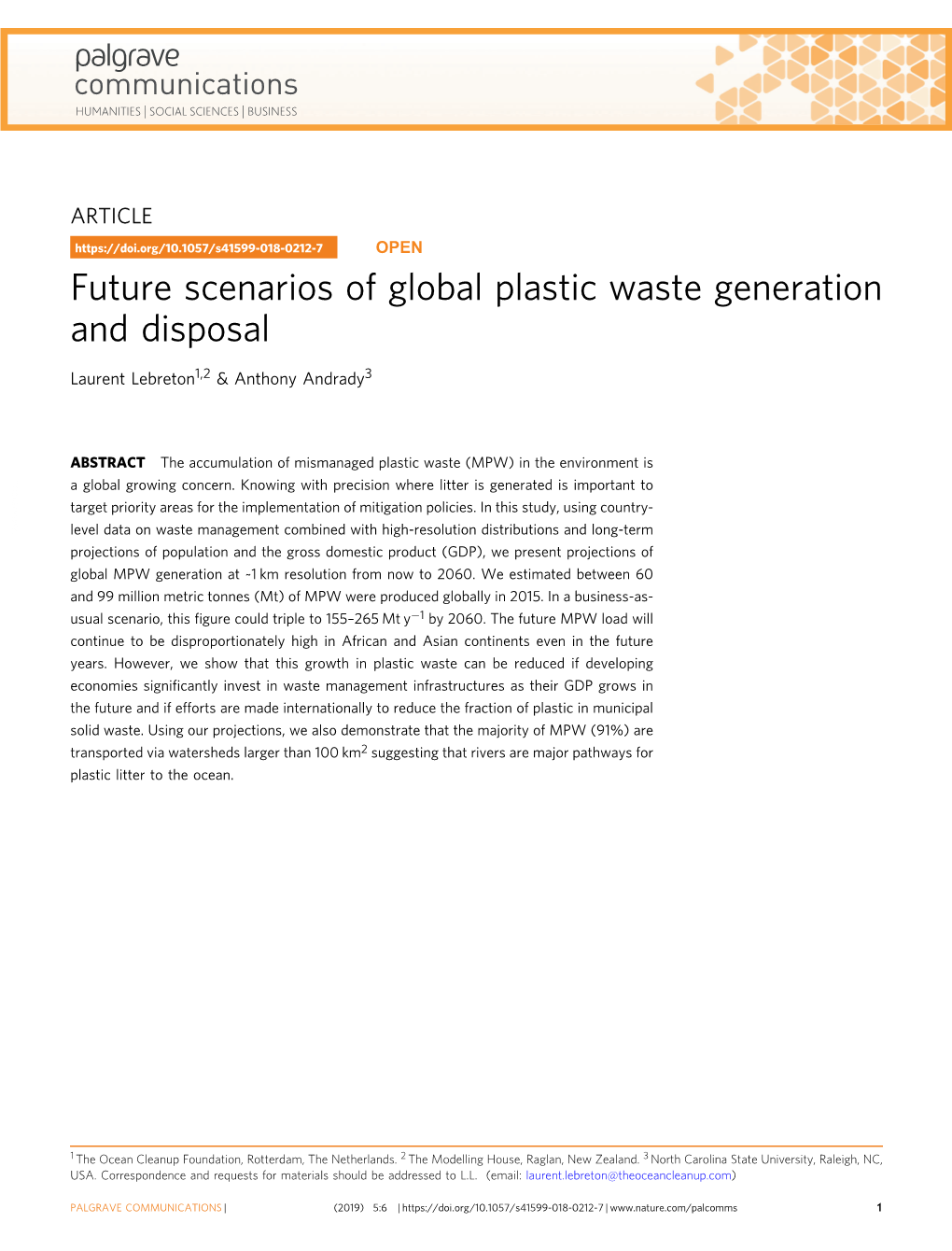 Future Scenarios of Global Plastic Waste Generation and Disposal