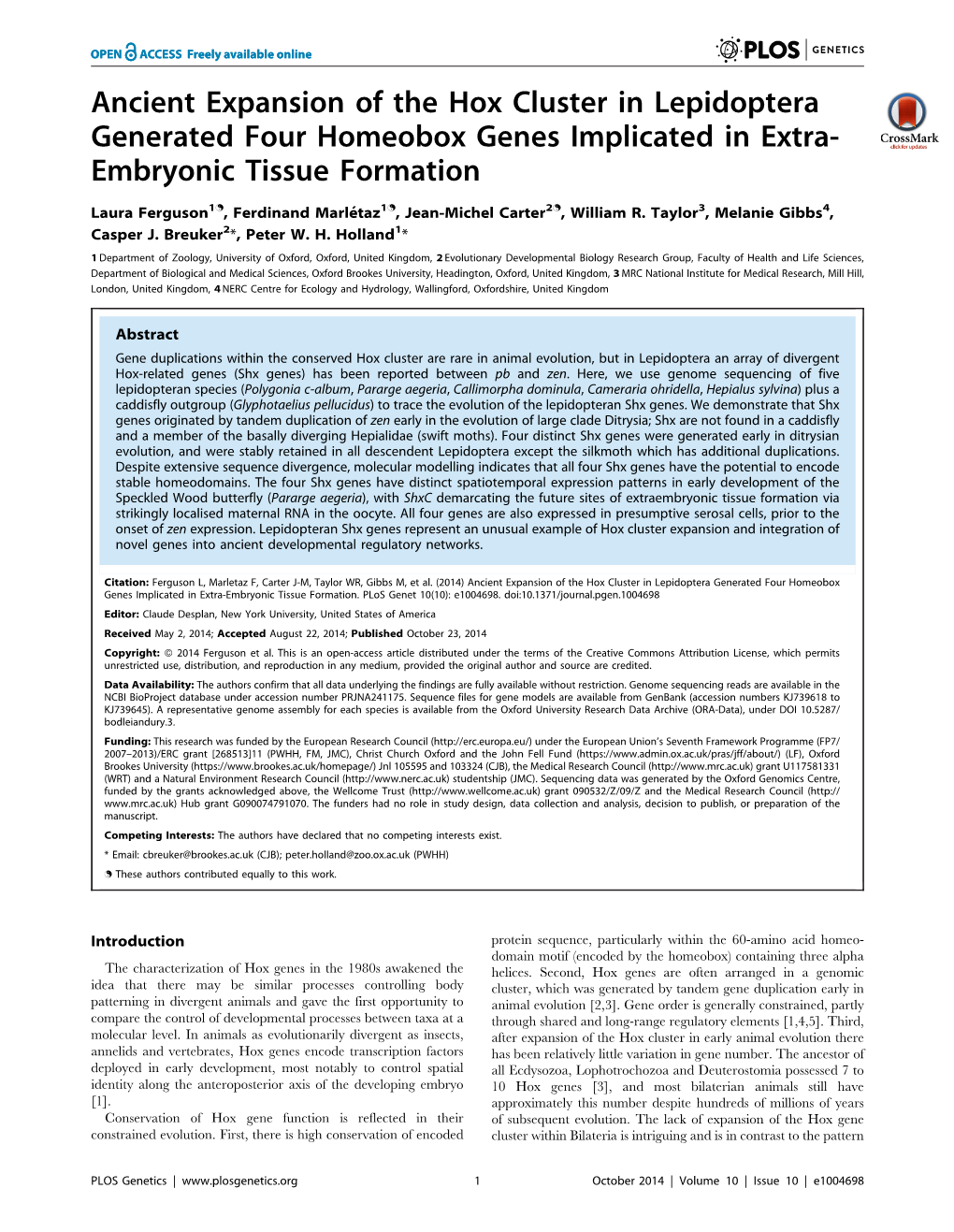 Ancient Expansion of the Hox Cluster in Lepidoptera Generated Four Homeobox Genes Implicated in Extra- Embryonic Tissue Formation