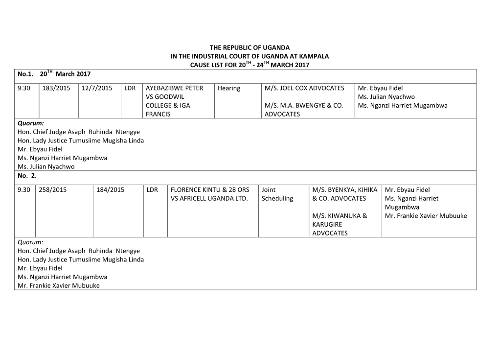 THE REPUBLIC of UGANDA in the INDUSTRIAL COURT of UGANDA at KAMPALA CAUSE LIST for 20TH - 24TH MARCH 2017 No.1