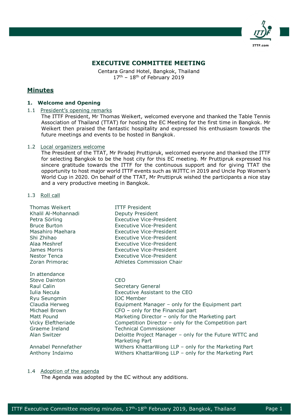 Executive Committee Meeting Minutes, 17Th-18Th February 2019, Bangkok, Thailand Page 1 Epublic Republic