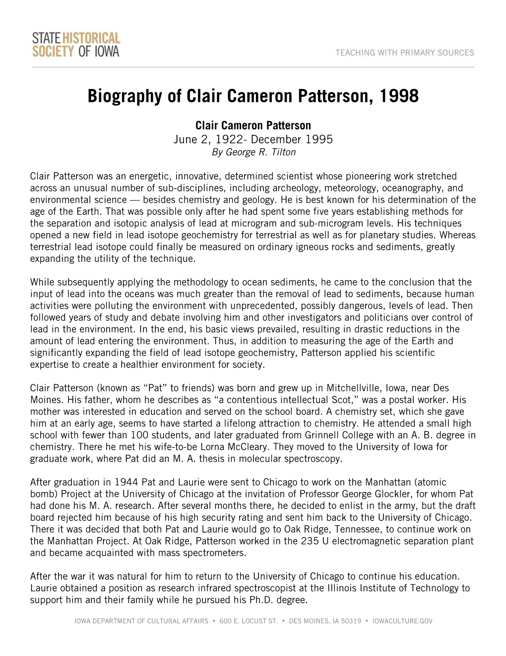 Full Transcript of Clair Cameron Patterson's Biography