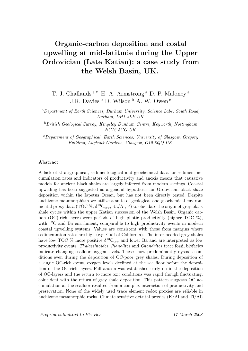 Organic-Carbon Deposition and Costal Upwelling at Mid-Latitude During the Upper Ordovician (Late Katian): a Case Study from the Welsh Basin, UK