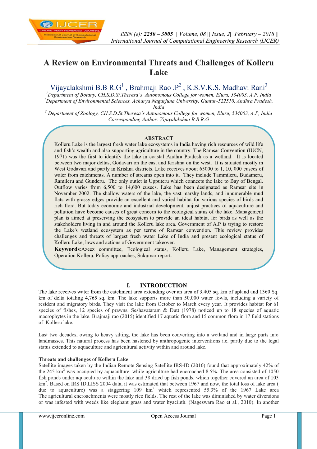 A Review on Environmental Threats and Challenges of Kolleru Lake