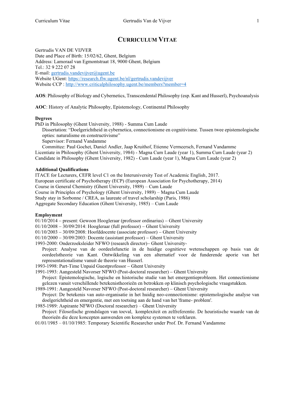 Curriculum Vitae Gertrudis Van De Vijver 1