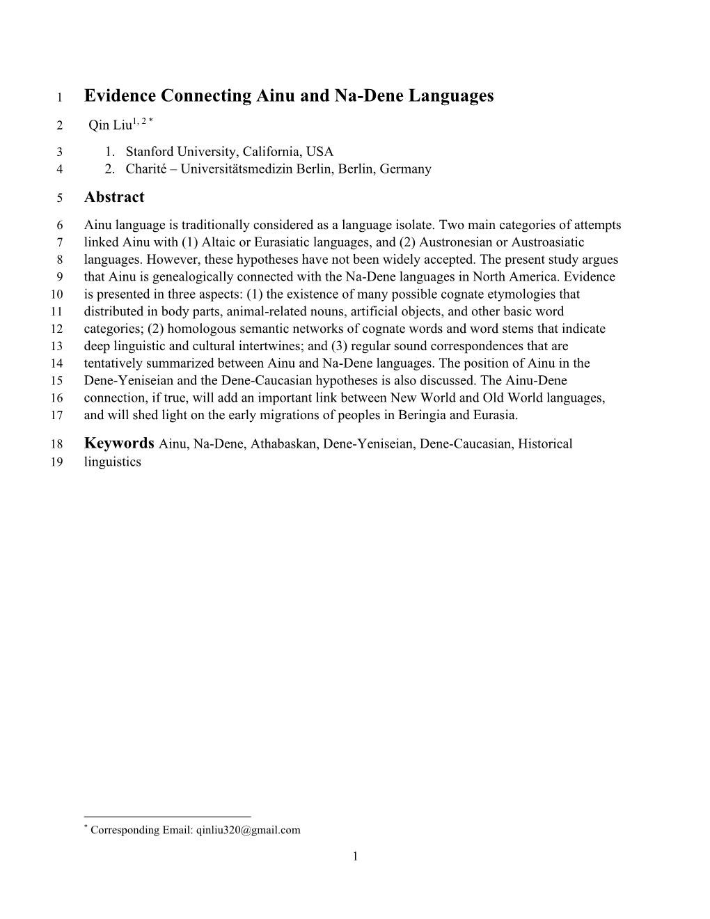 Evidence Connecting Ainu and Na-Dene Languages 2 Qin Liu1, 2 * 3 1