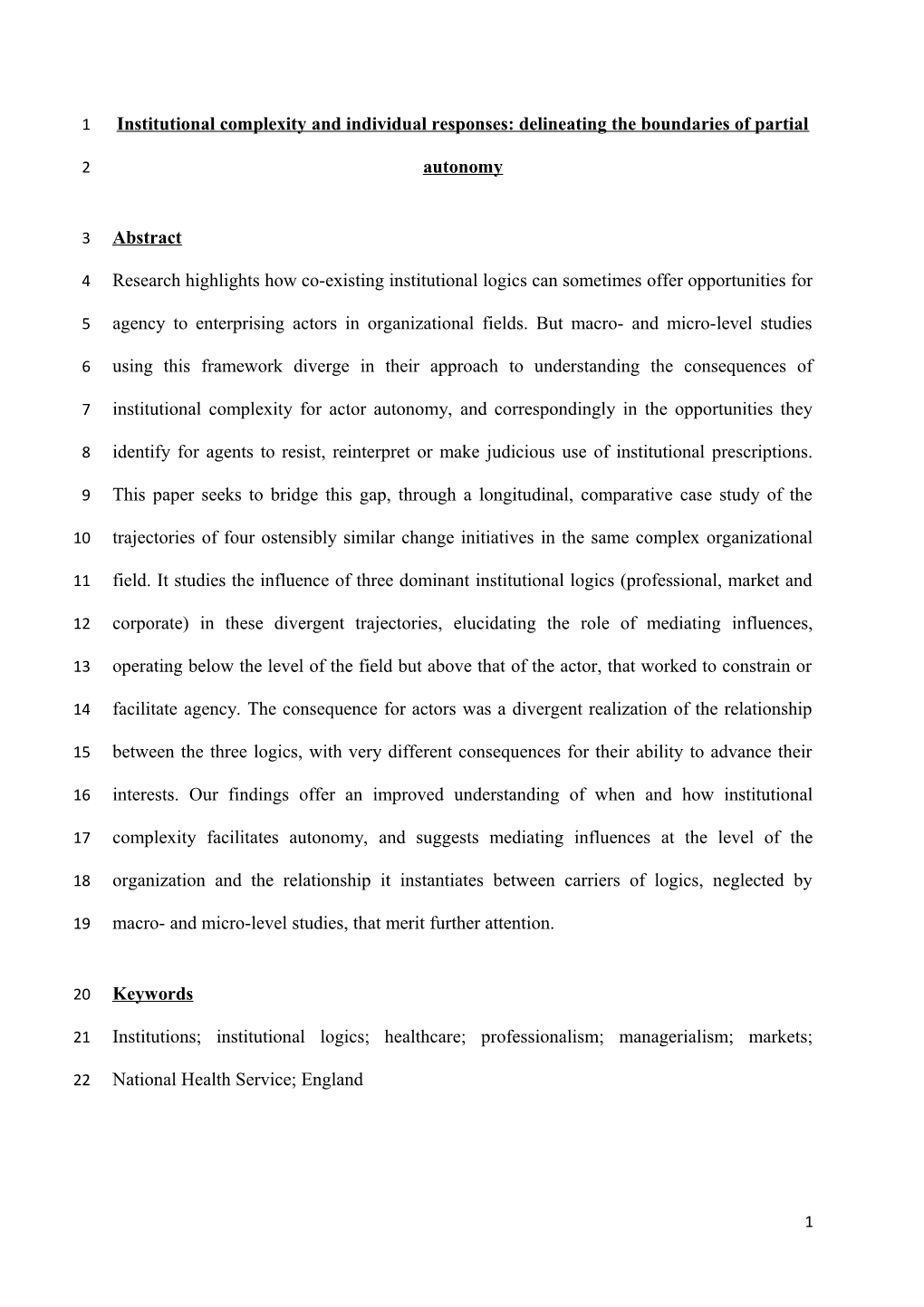 Institutional Complexity and Individual Responses: Delineating the Boundaries of Partial