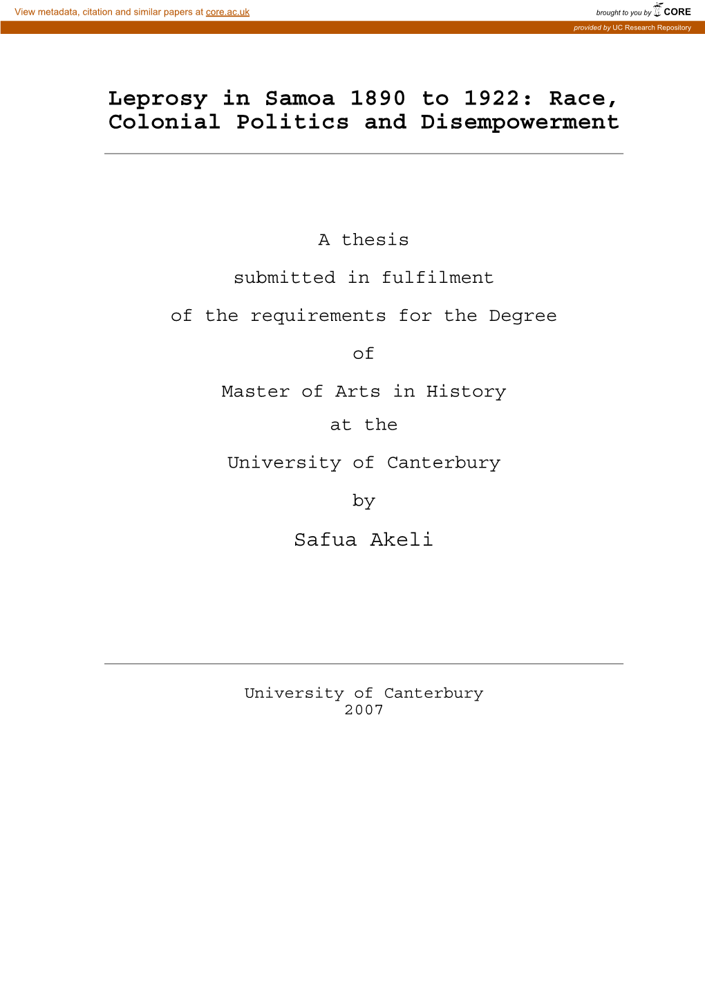 Leprosy in Samoa 1890 to 1922: Race, Colonial Politics and Disempowerment