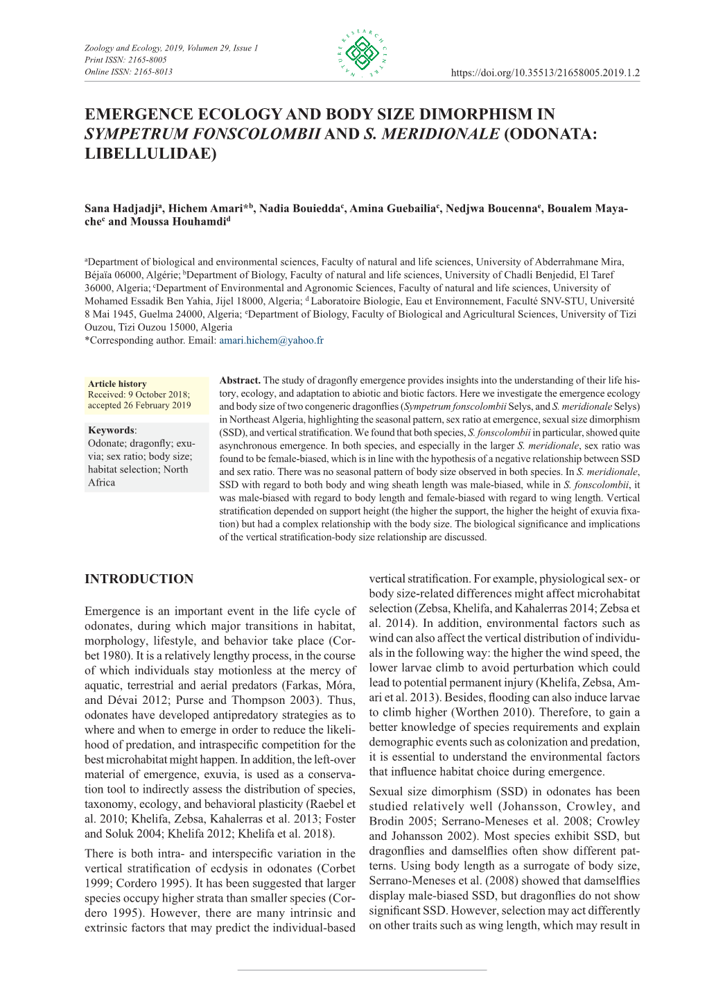 Emergence Ecology and Body Size Dimorphism in Sympetrum Fonscolombii and S