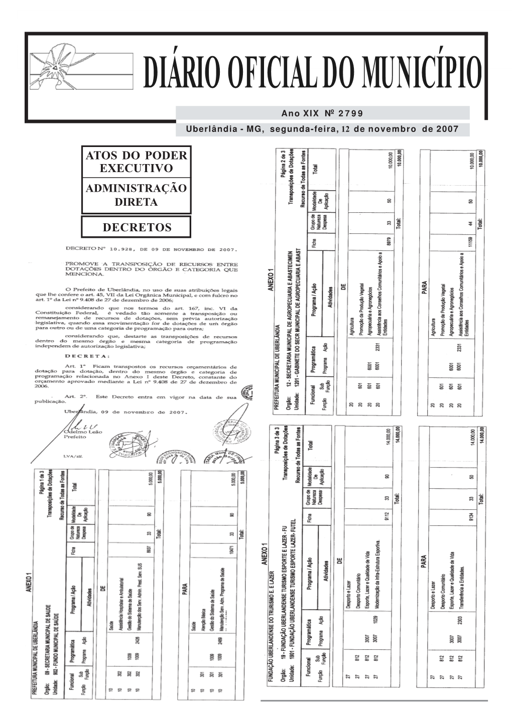 Diário Oficial Do Município Nº 2799, Segunda-Feira, 12 De Novembro De 2007 DIÁRIO OFICIAL DO MUNICÍPIO