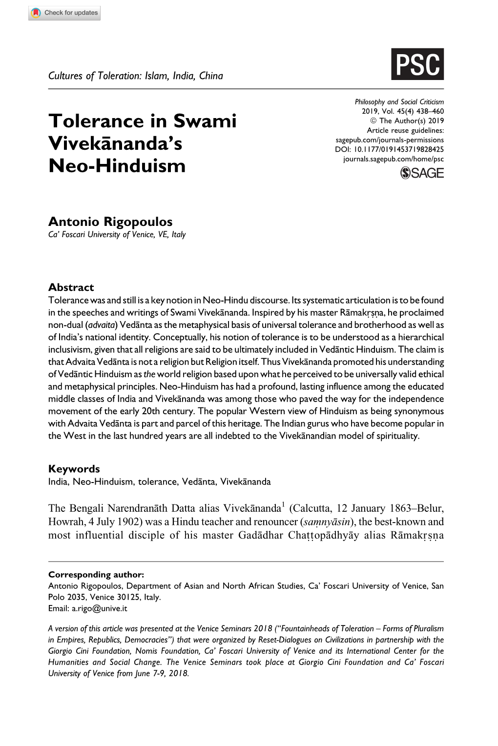 Tolerance in Swami Vivekānanda's Neo-Hinduism