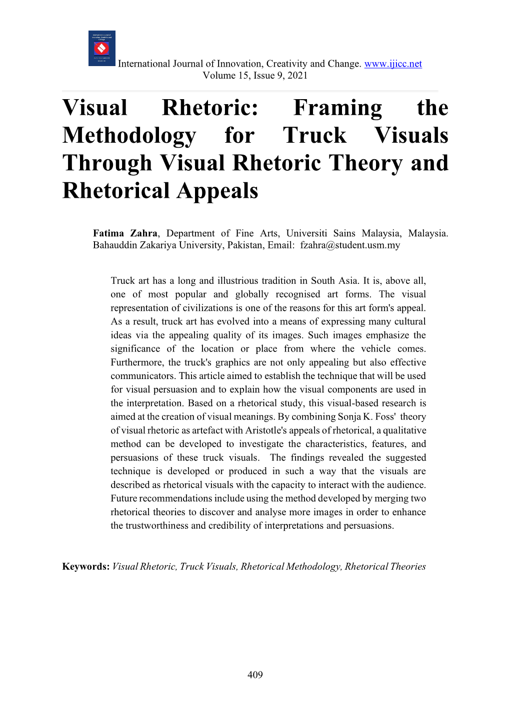 Visual Rhetoric: Framing the Methodology for Truck Visuals Through Visual Rhetoric Theory and Rhetorical Appeals