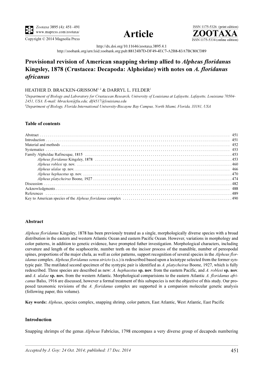 (Crustacea: Decapoda: Alpheidae) with Notes on A