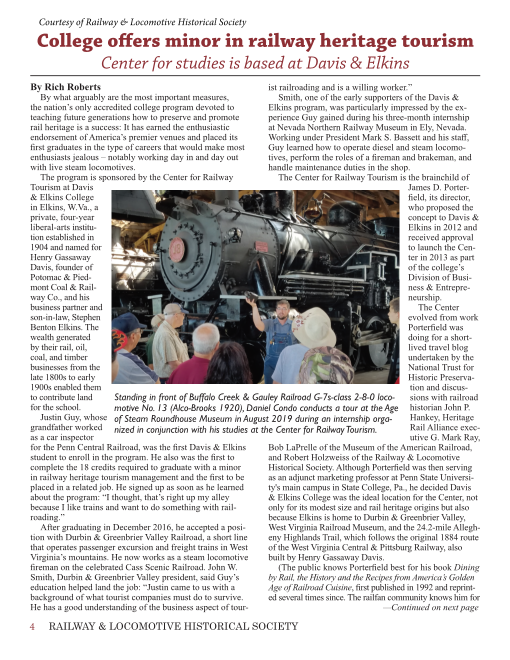 College Offers Minor in Railway Heritage Tourism Center for Studies Is Based at Davis & Elkins
