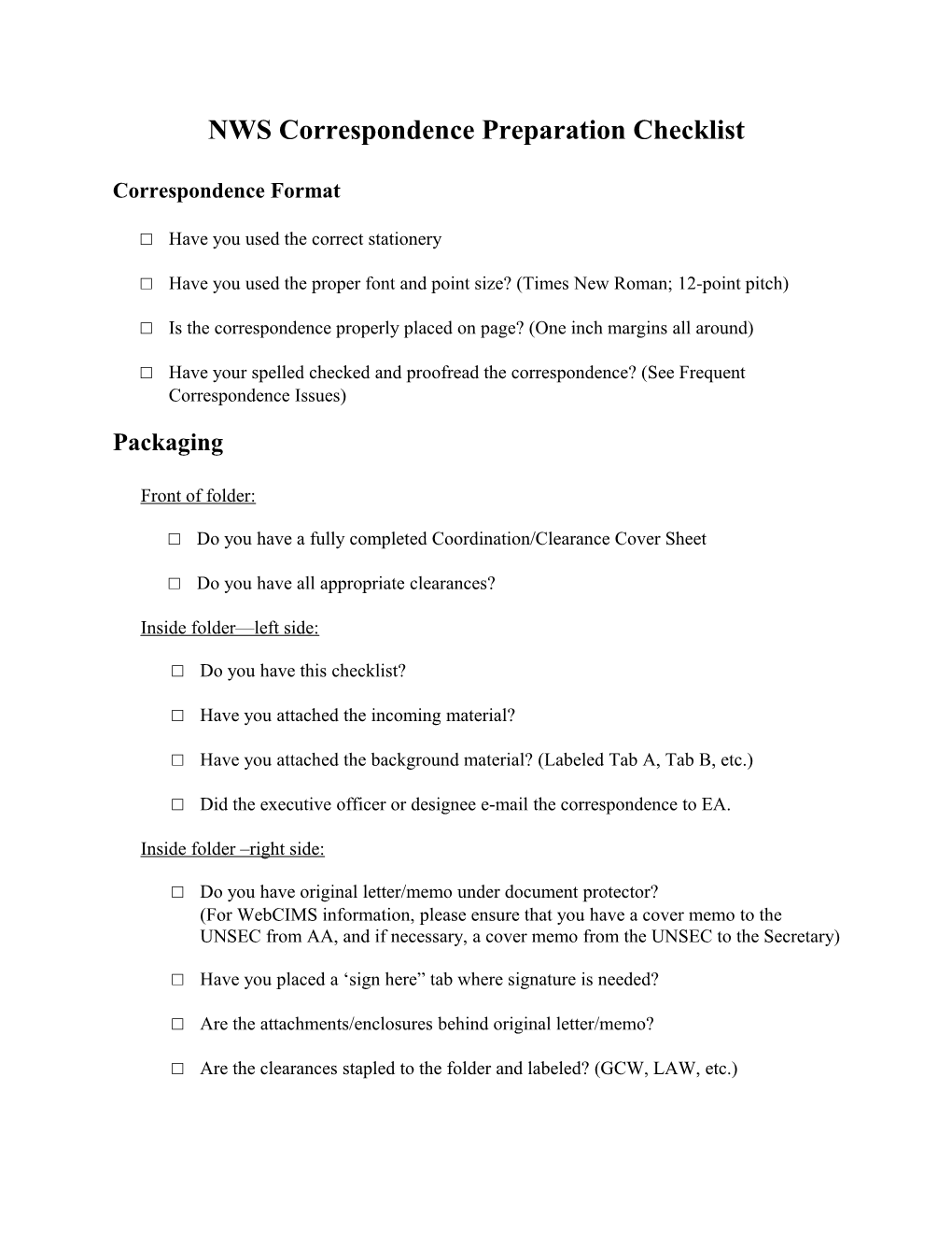 NWS Correspondence Preparation Checklist