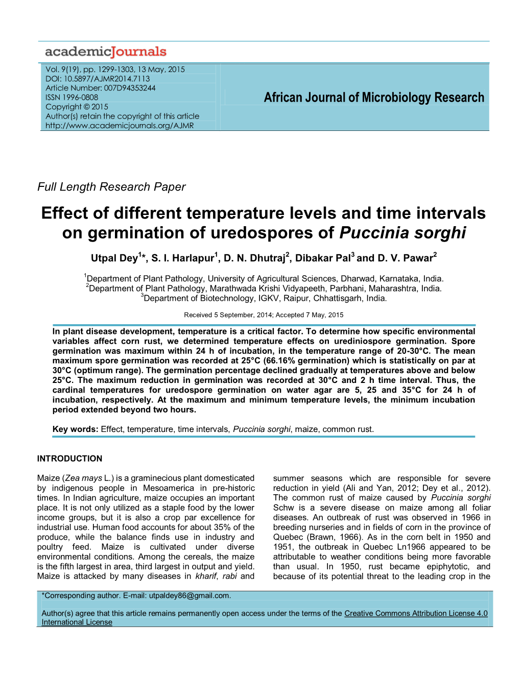 Effect of Different Temperature Levels and Time Intervals on Germination of Uredospores of Puccinia Sorghi