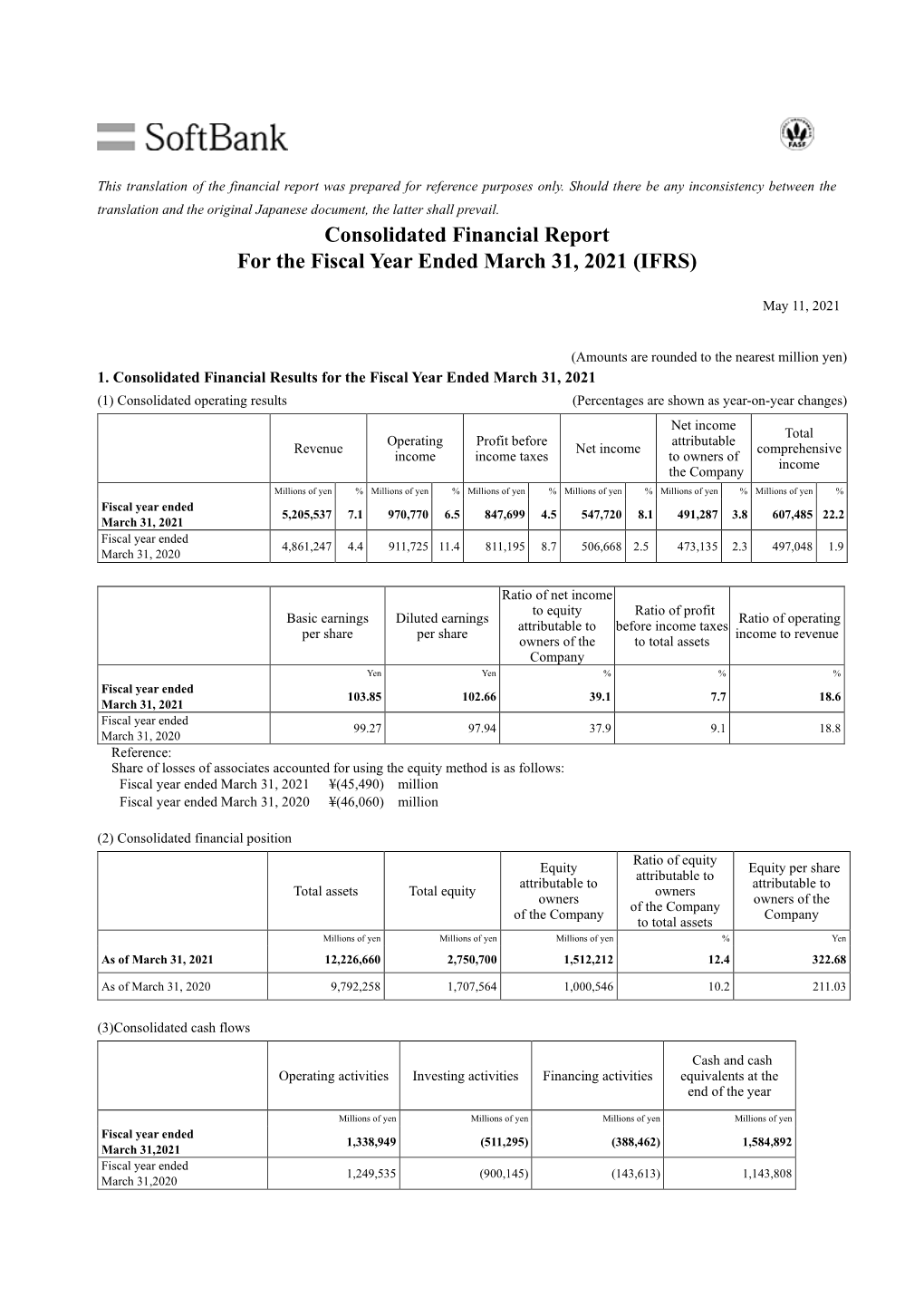 Softbank Corp. Consolidated Financial Report for the Fiscal Year