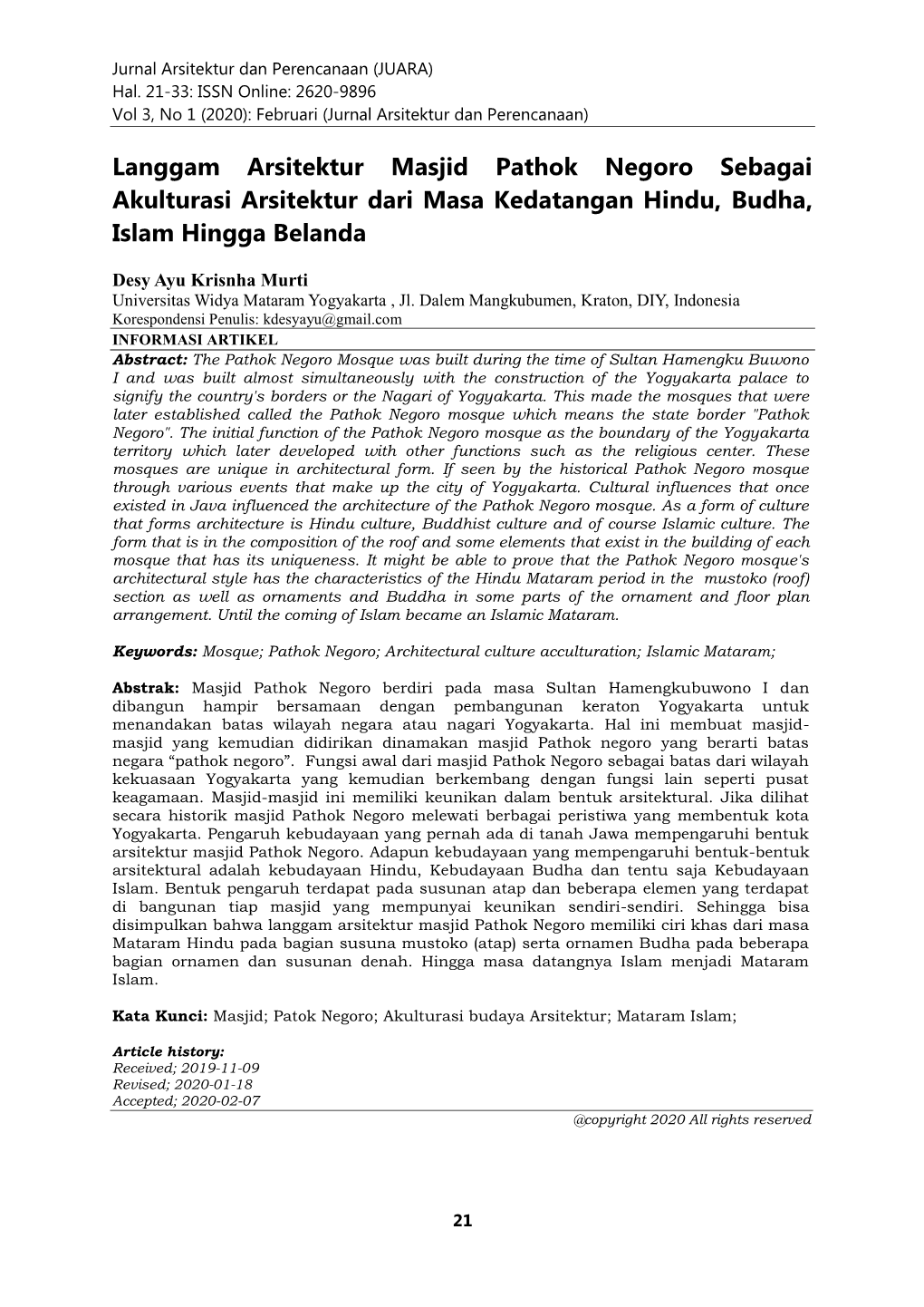 Langgam Arsitektur Masjid Pathok Negoro Sebagai Akulturasi Arsitektur Dari Masa Kedatangan Hindu, Budha, Islam Hingga Belanda