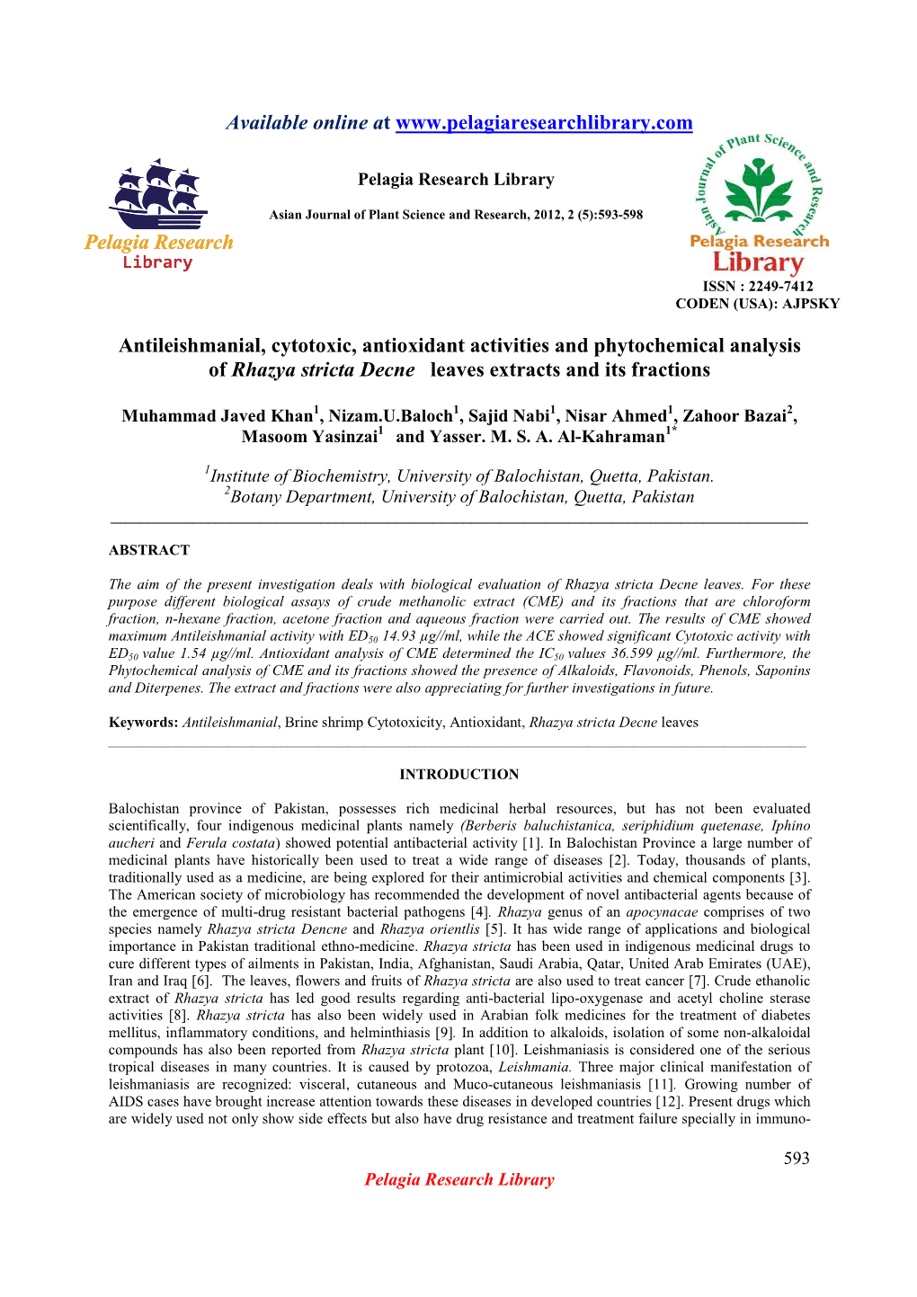 Antileishmanial, Cytotoxic, Antioxidant Activities and Phytochemical Analysis of Rhazya Stricta Decne Leaves Extracts and Its Fractions