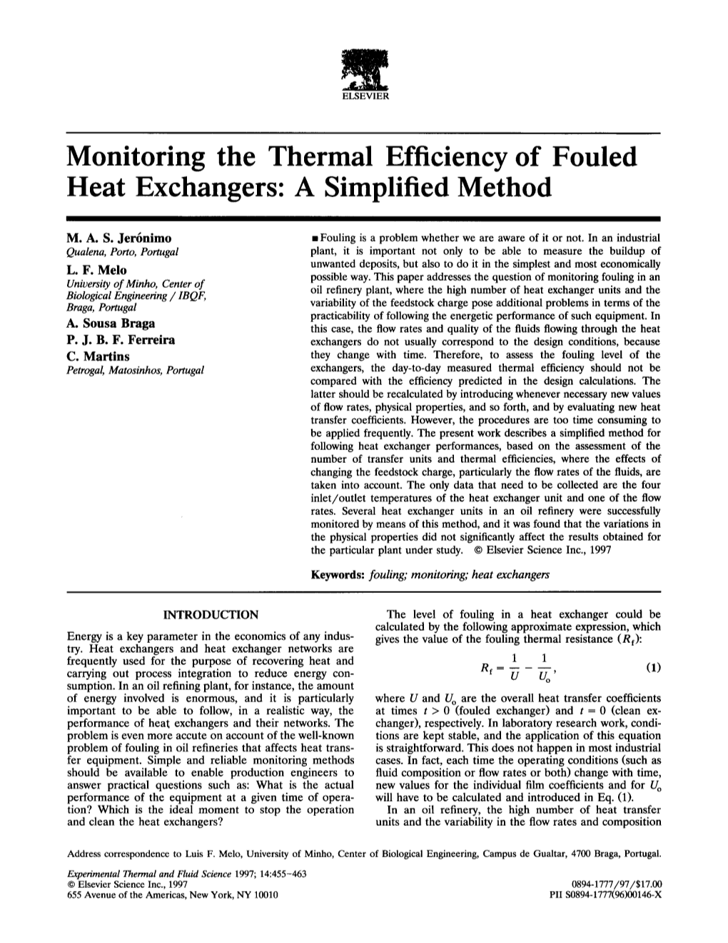 Monitoring the Thermal Efficiency of Fouled Heat Exchangers: a Simplified Method