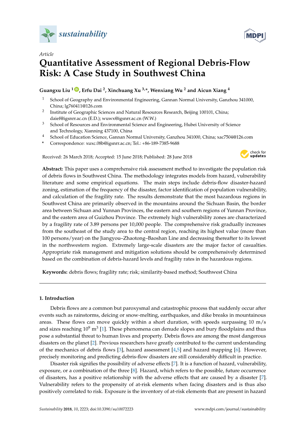Quantitative Assessment of Regional Debris-Flow Risk: a Case Study in Southwest China