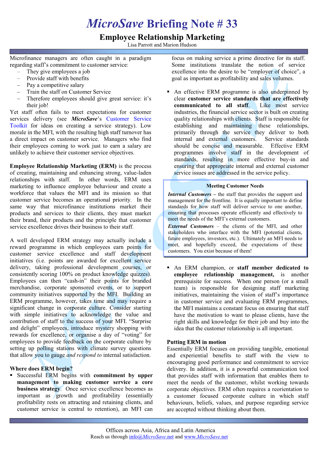 Microsave Briefing Note # 33 Employee Relationship Marketing Lisa Parrott and Marion Hudson