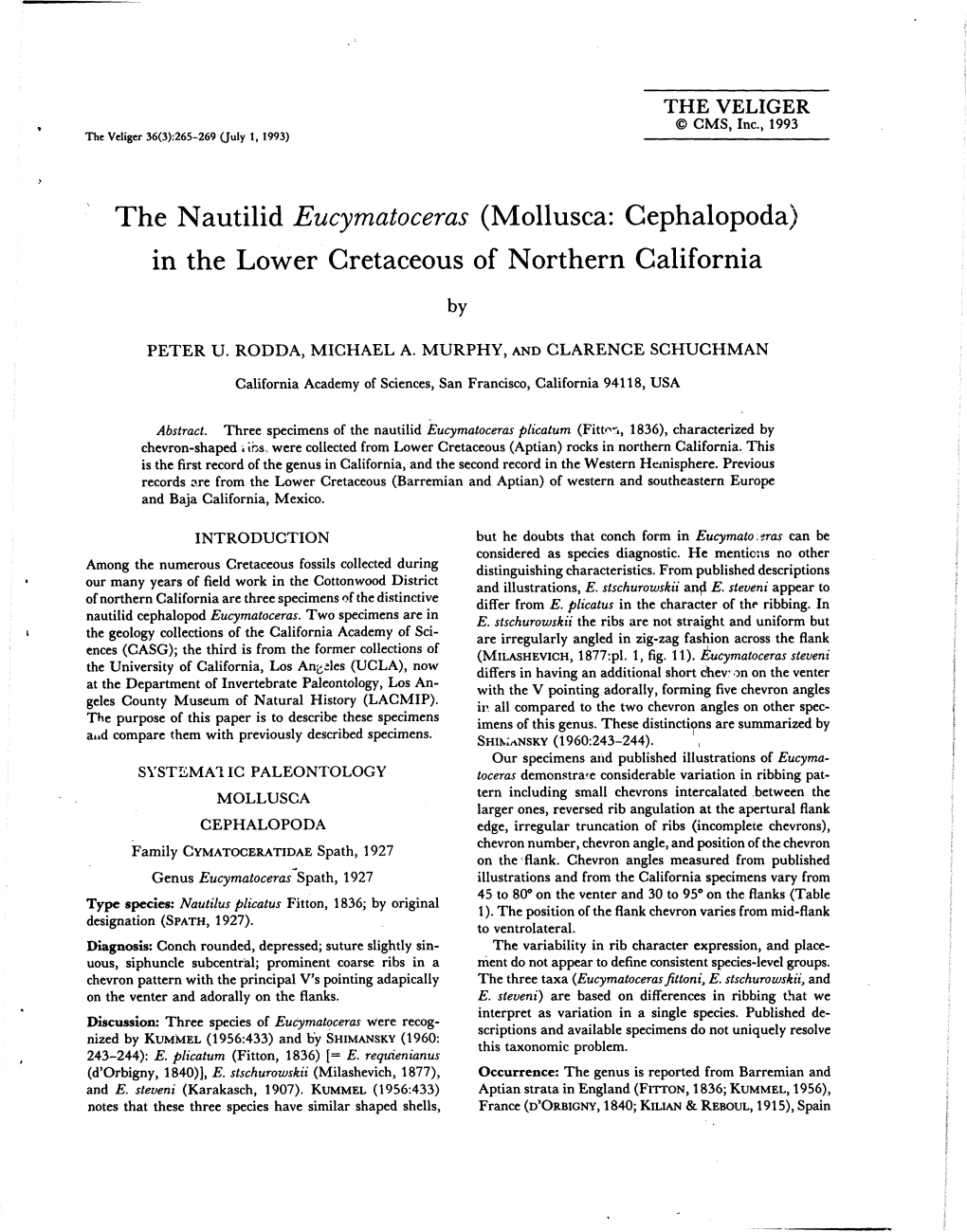 The Nautilid Eucymatoceras (Mollusca: Cephalopoda) in the Lower Cretaceous of Northern California