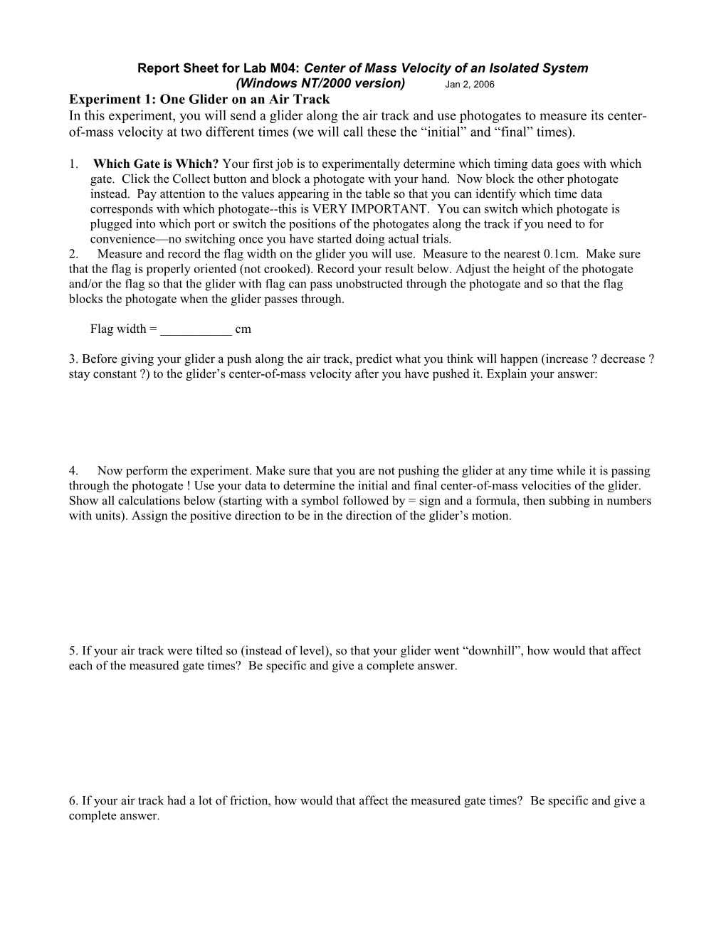 Report Sheet for Lab M04: Center of Mass Velocity of an Isolated System