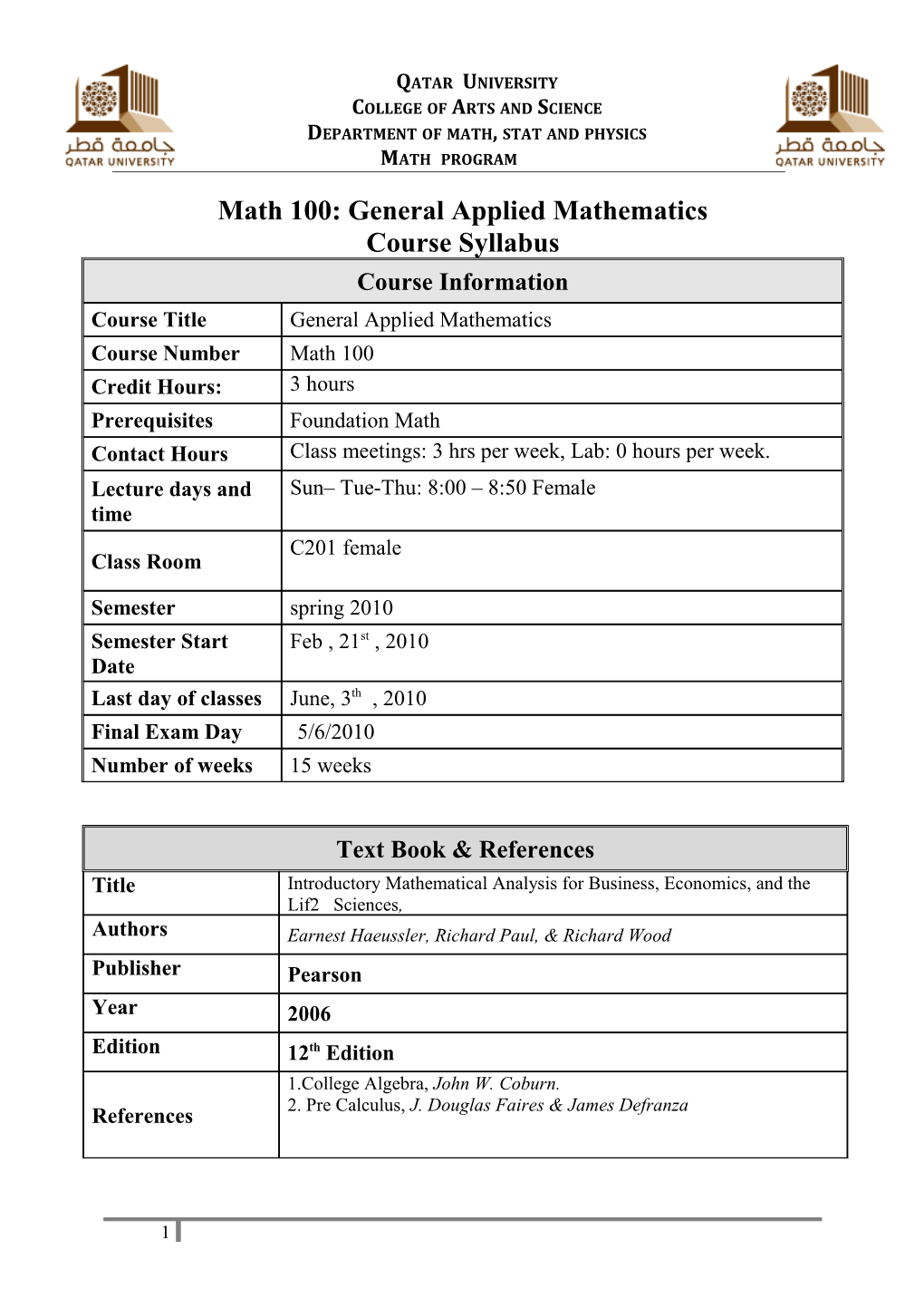 Math 100: General Applied Mathematics