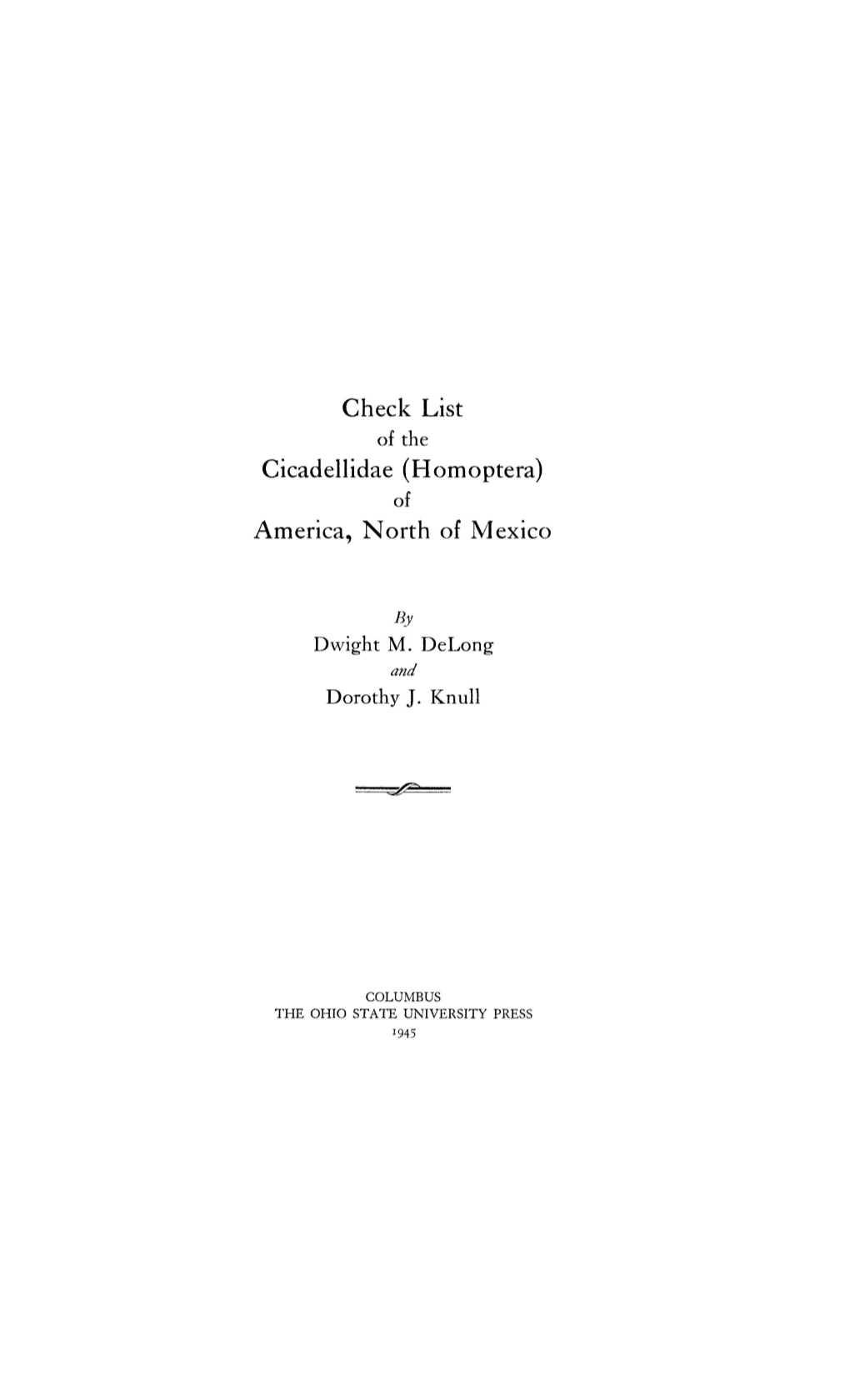 Check List Cicadeliidae (Homoptera) America, North of Mexico