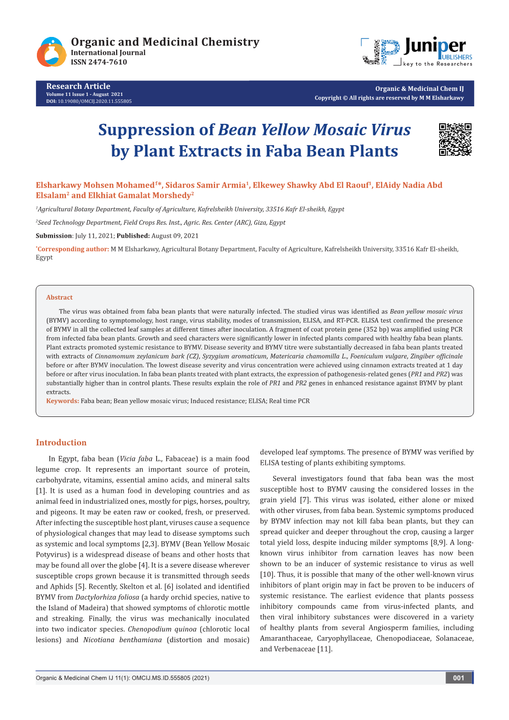 Suppression of Bean Yellow Mosaic Virus by Plant Extracts in Faba Bean Plants