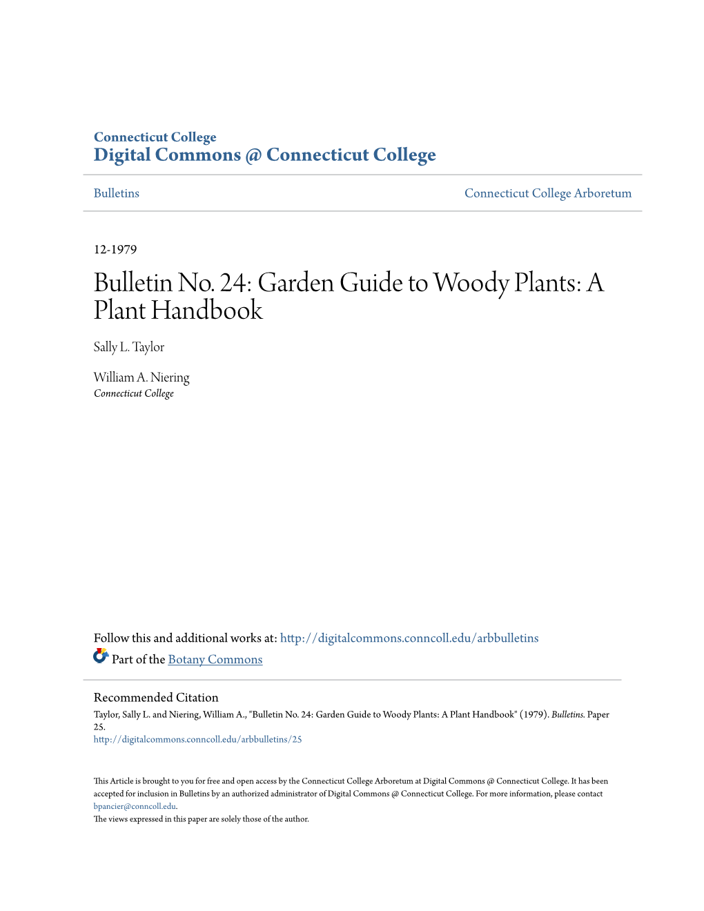 Bulletin No. 24: Garden Guide to Woody Plants: a Plant Handbook Sally L