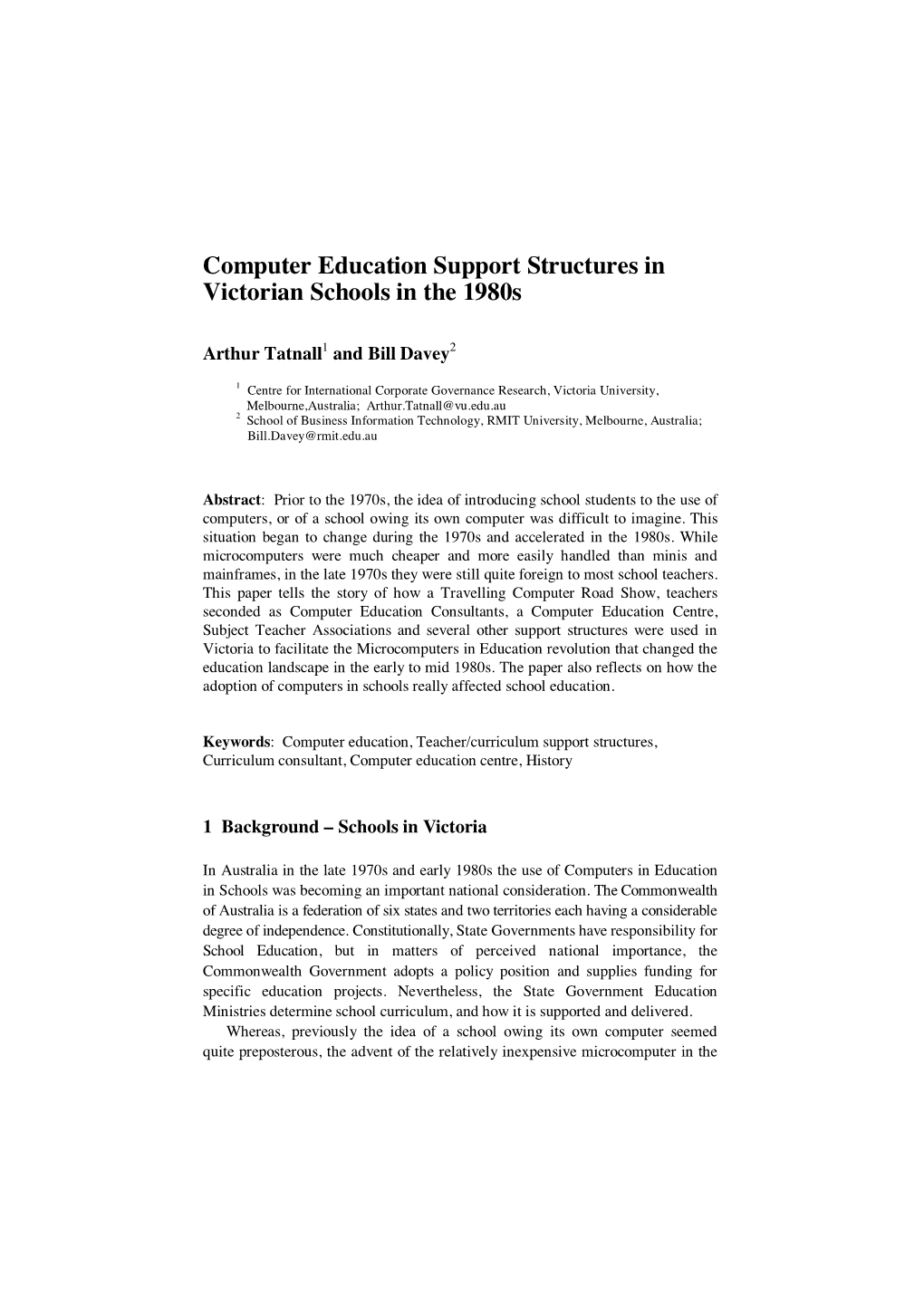 Computer Education Support Structures in Victorian Schools in the 1980S