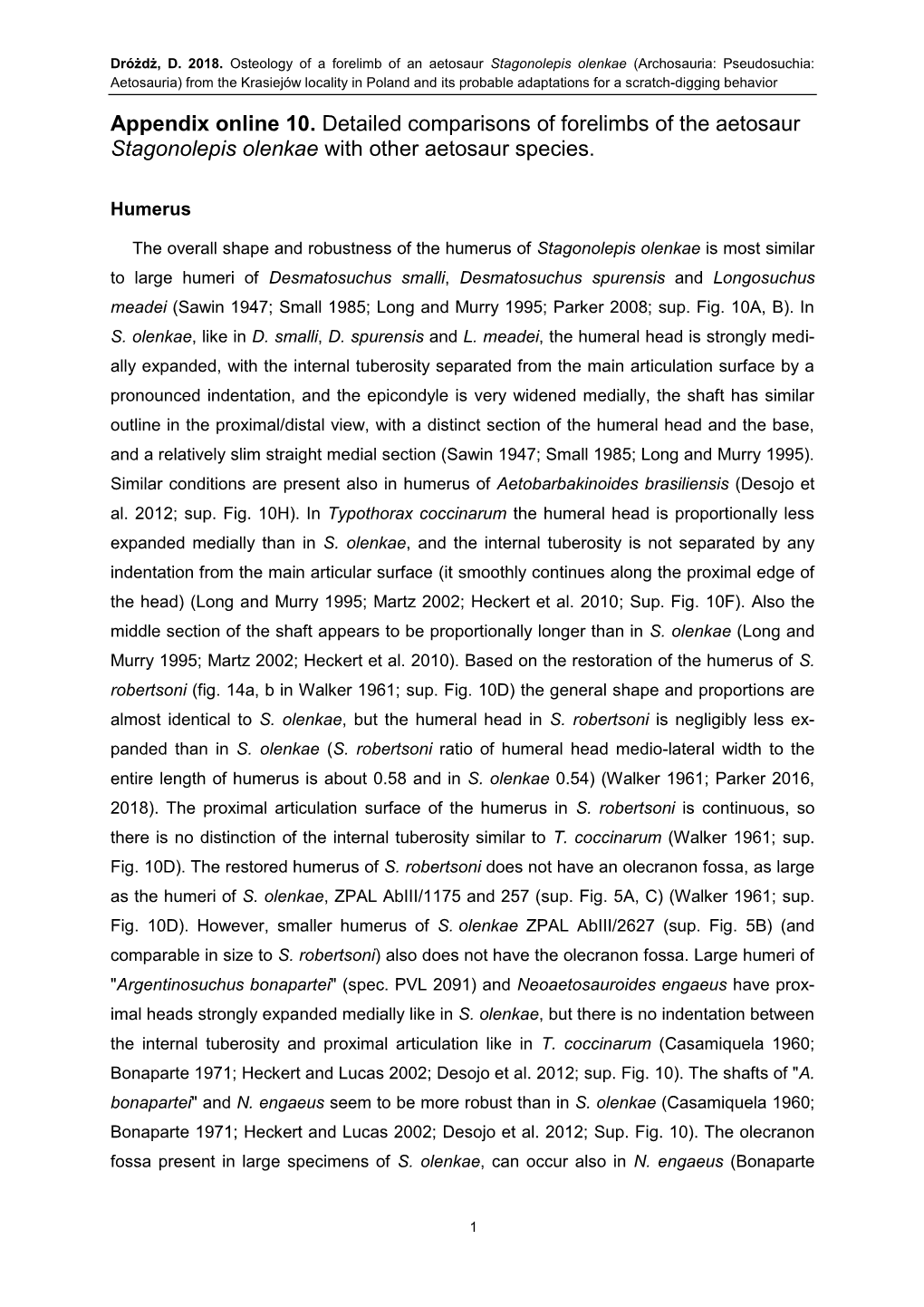 Appendix Online 10. Detailed Comparisons of Forelimbs of the Aetosaur Stagonolepis Olenkae with Other Aetosaur Species