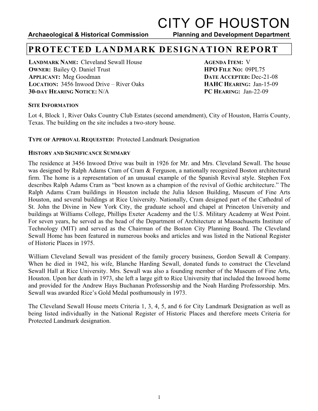 Protected Landmark Designation Report