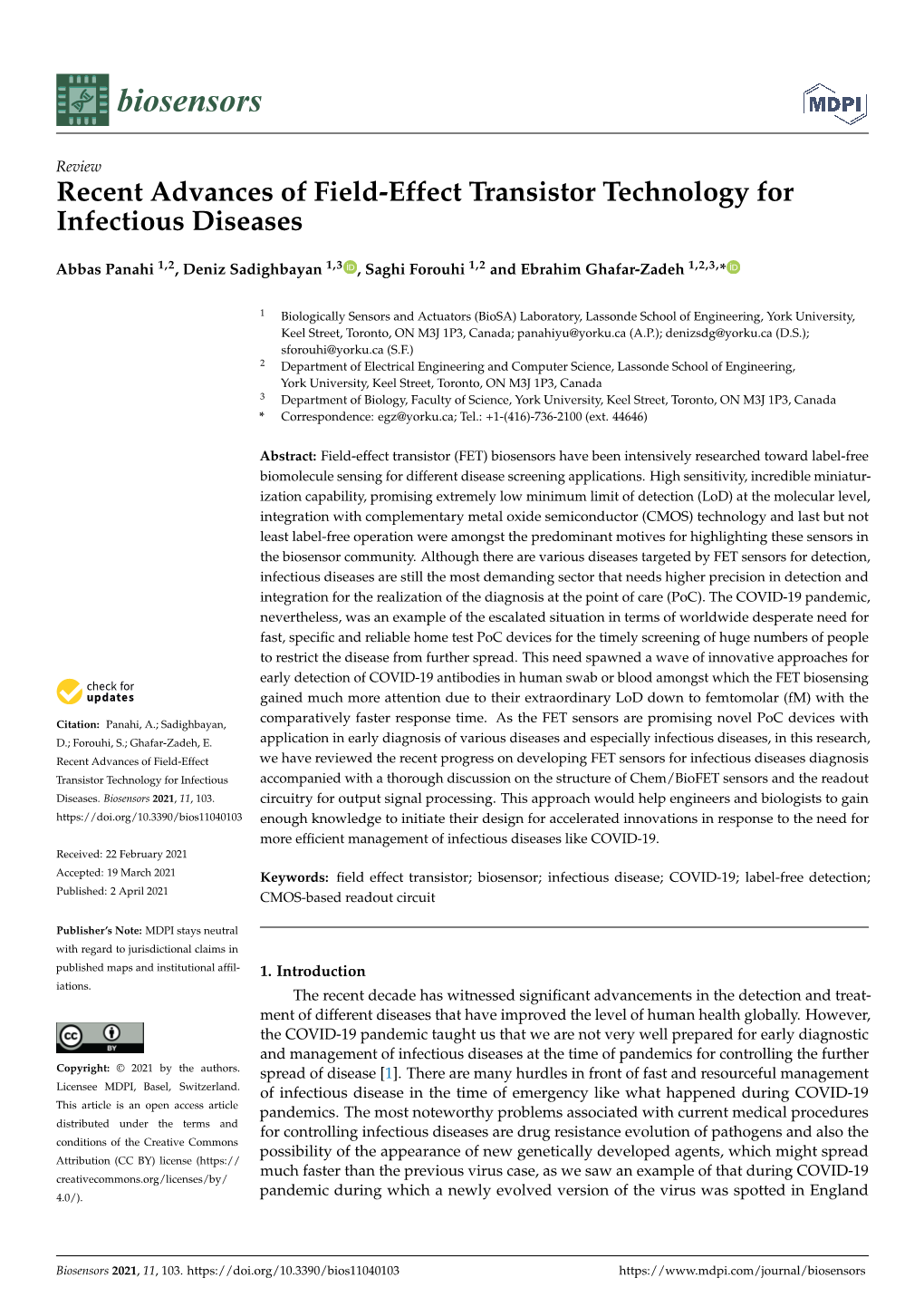 Recent Advances of Field-Effect Transistor Technology for Infectious Diseases