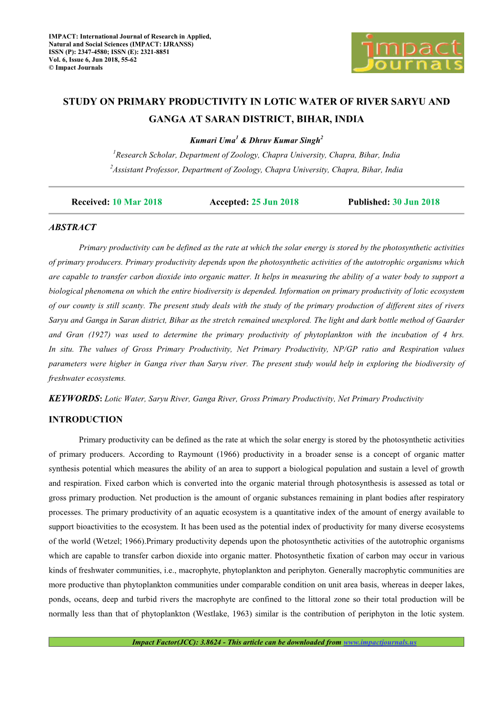 Study on Primary Productivity in Lotic Water of River Saryu and Ganga at Saran District, Bihar, India