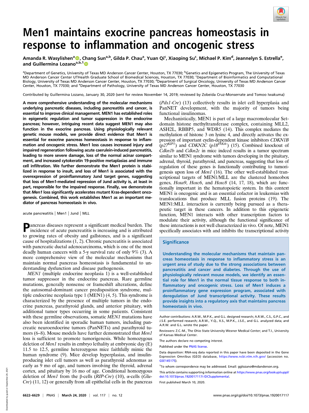 Men1 Maintains Exocrine Pancreas Homeostasis in Response to Inflammation and Oncogenic Stress