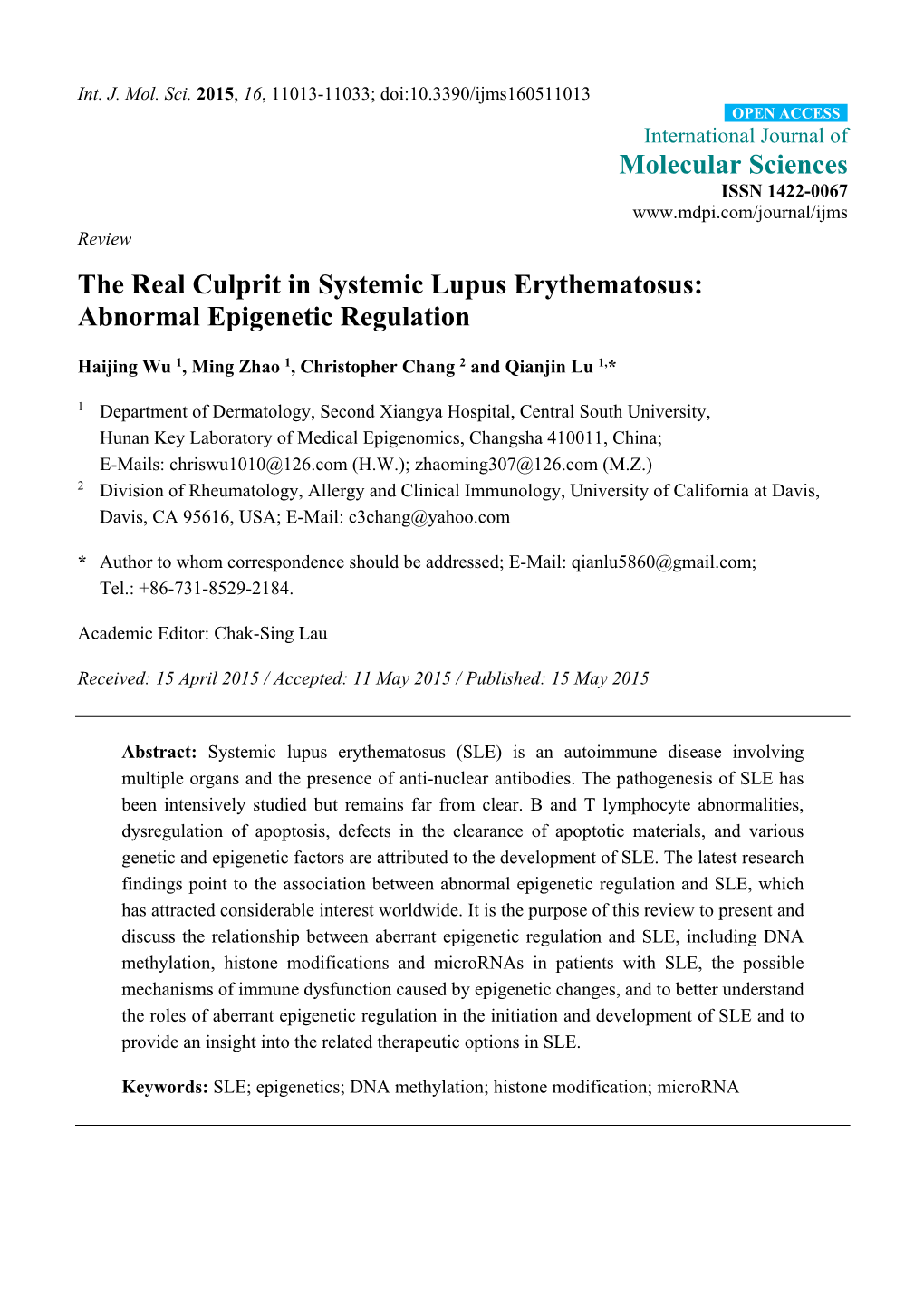 The Real Culprit in Systemic Lupus Erythematosus: Abnormal Epigenetic Regulation