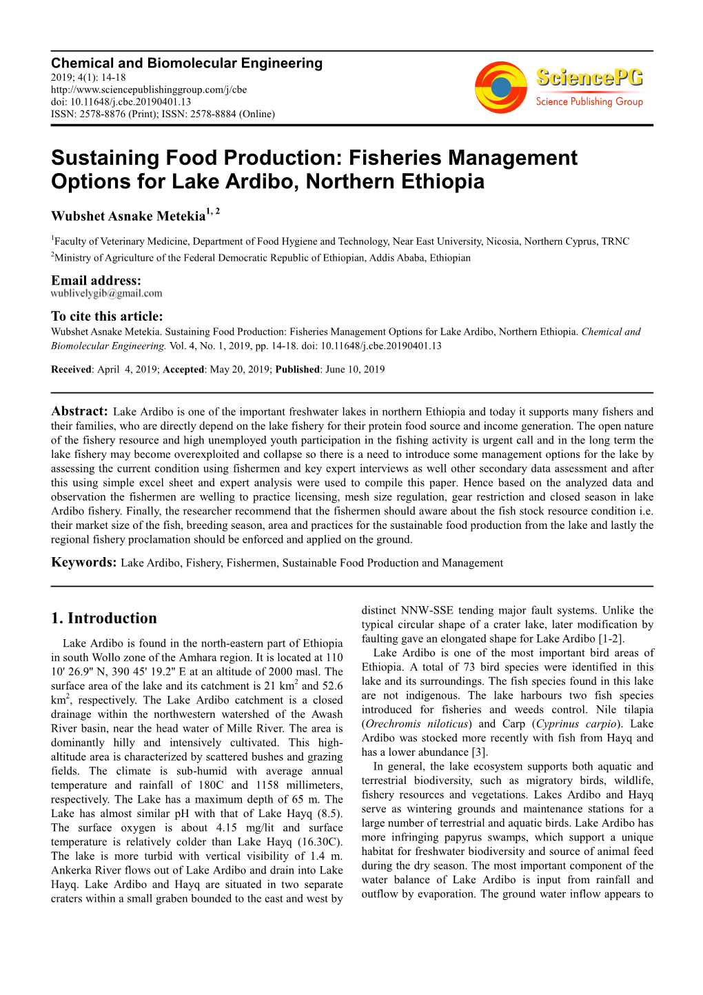 Fisheries Management Options for Lake Ardibo, Northern Ethiopia