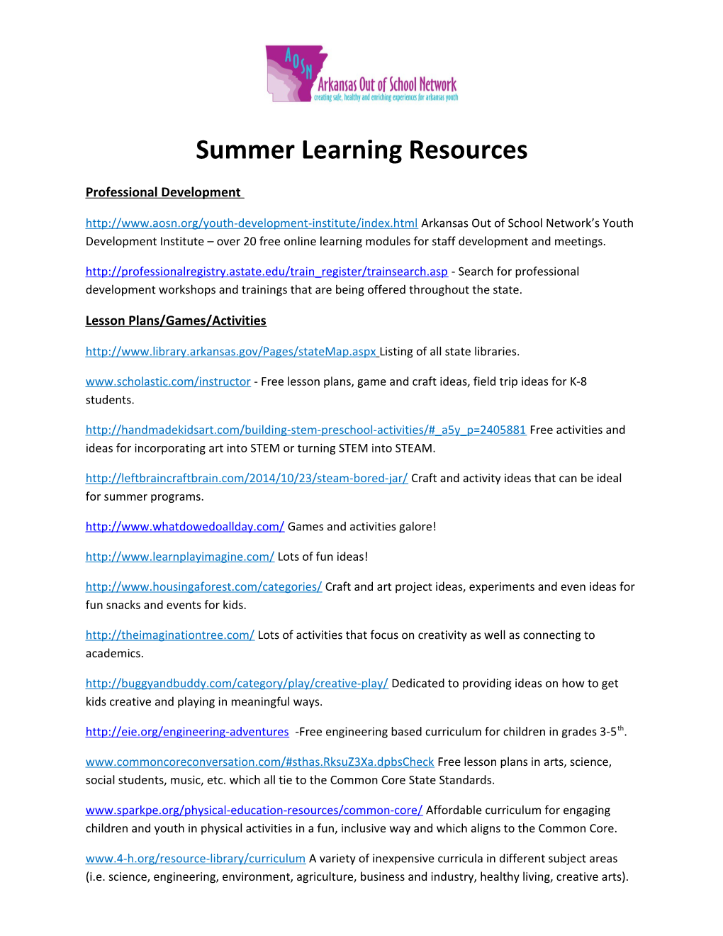 Summer Learning Resources