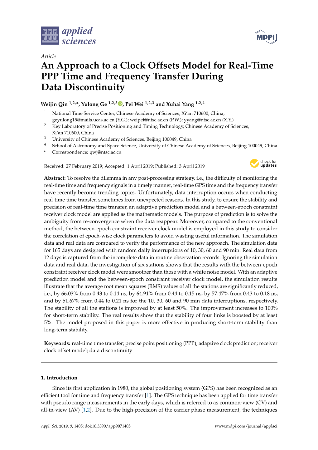 An Approach to a Clock Offsets Model for Real-Time PPP Time and Frequency Transfer During Data Discontinuity