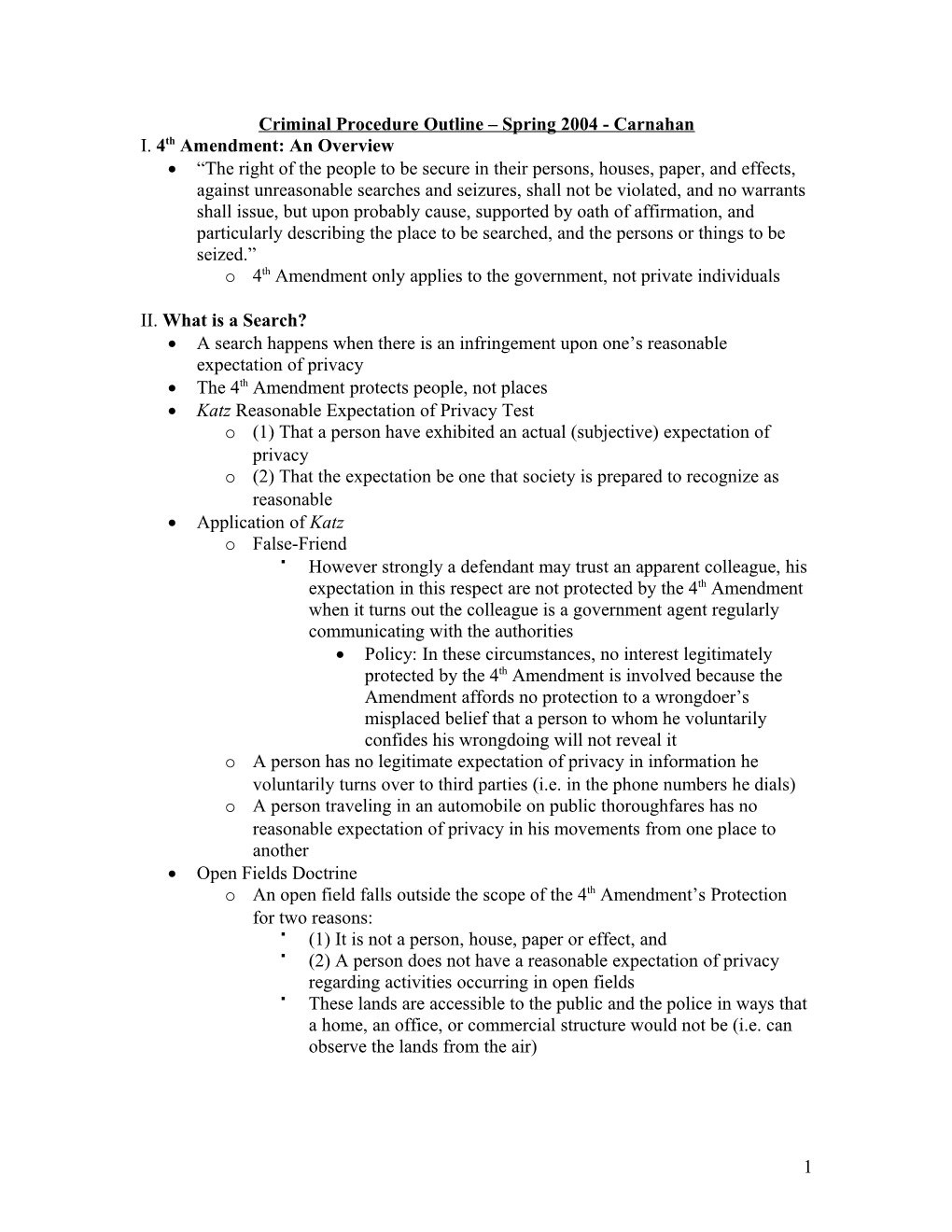 Criminal Procedure Outline Spring 2004 - Carnahan