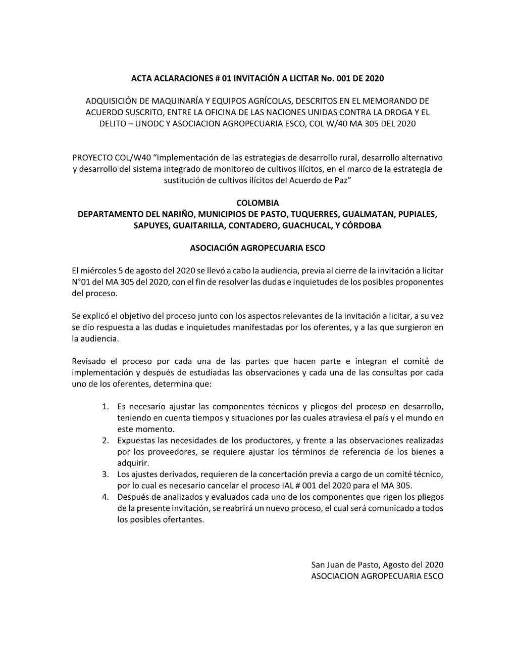 ACTA ACLARACIONES # 01 INVITACIÓN a LICITAR No. 001 DE 2020